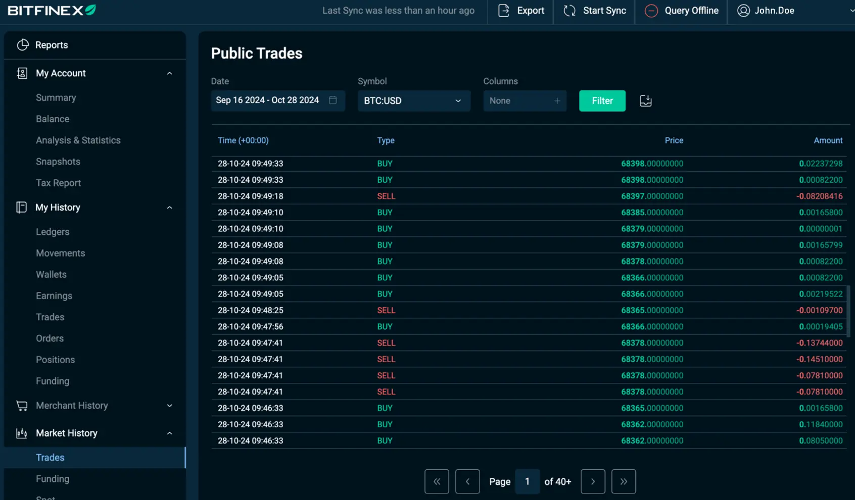 Bitfinex public trades